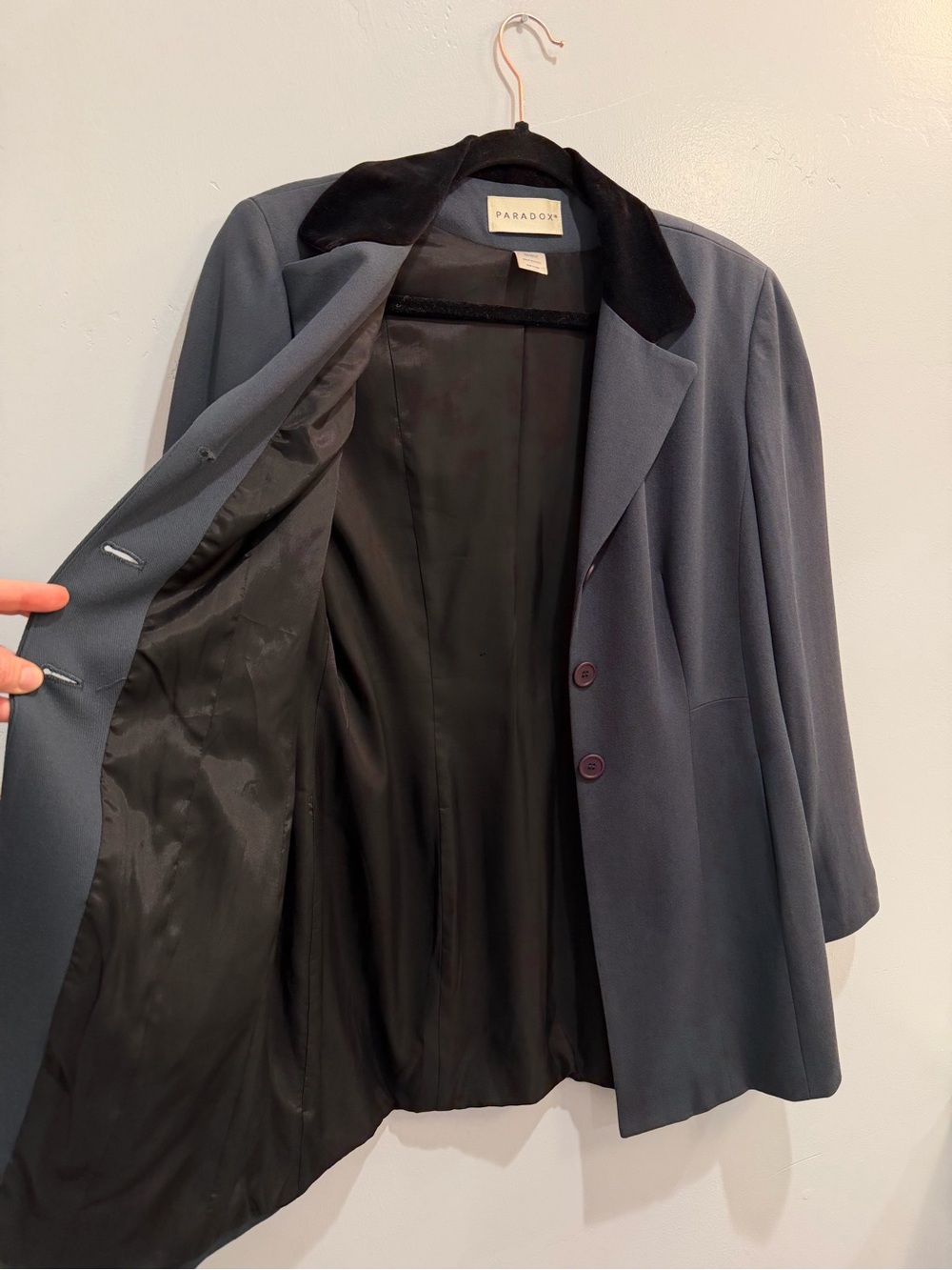 Vintage 90s Paradox Wool Longline Blazer Jacket Velvet Collar Slate Blue Size 8 - Picture 7 of 12